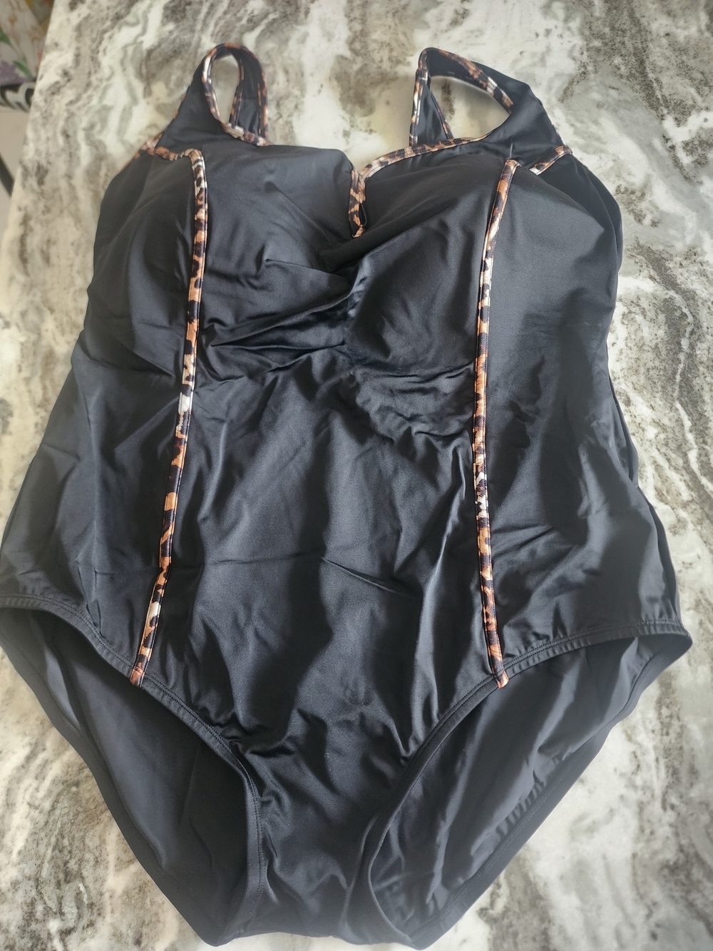 Catherines Black One-Piece Swimsuit with Leopard-Print Trim